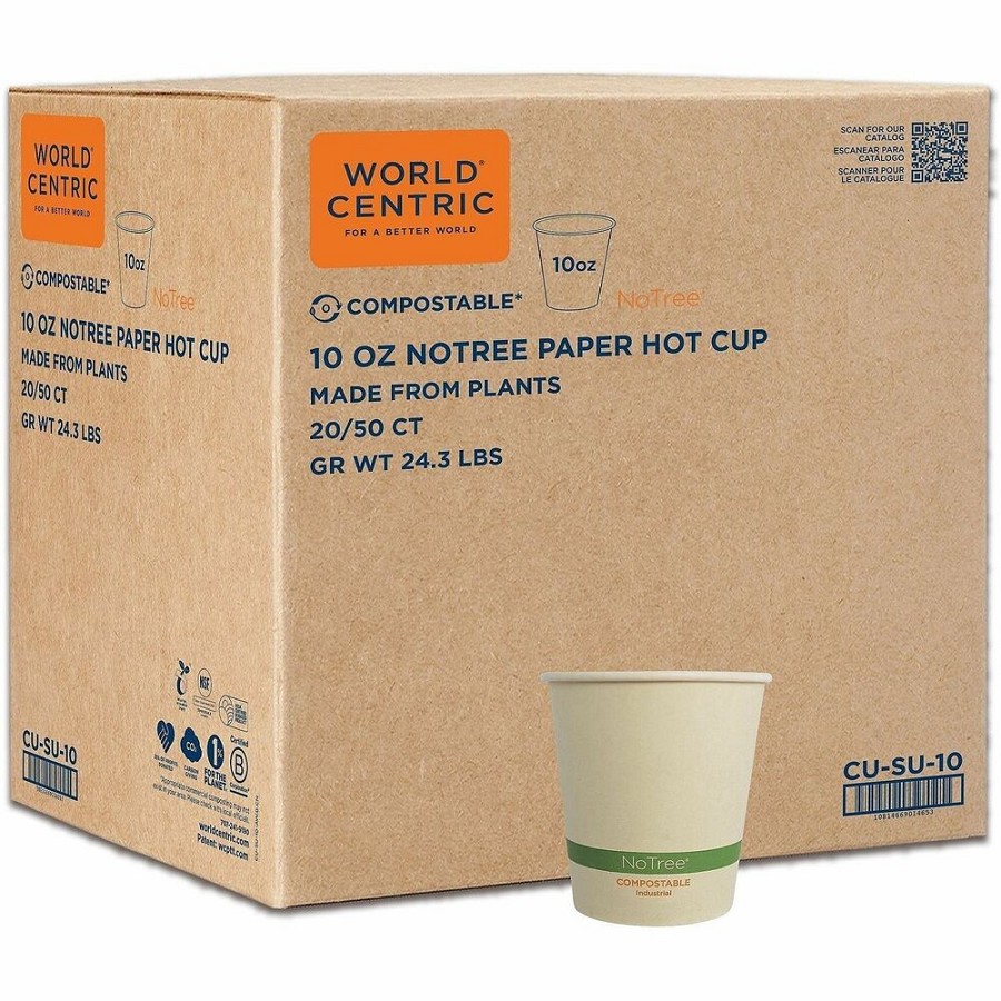 World Centric Compostable NoTree Paper Hot Cups - 10 fl oz - Natural - Paper, Sugarcane Fiber - Cafe, Cafeteria, Restaurant, Hot Drink, Coffee, Tea, Hot Chocolate - 50/Pack - 20 / Carton 