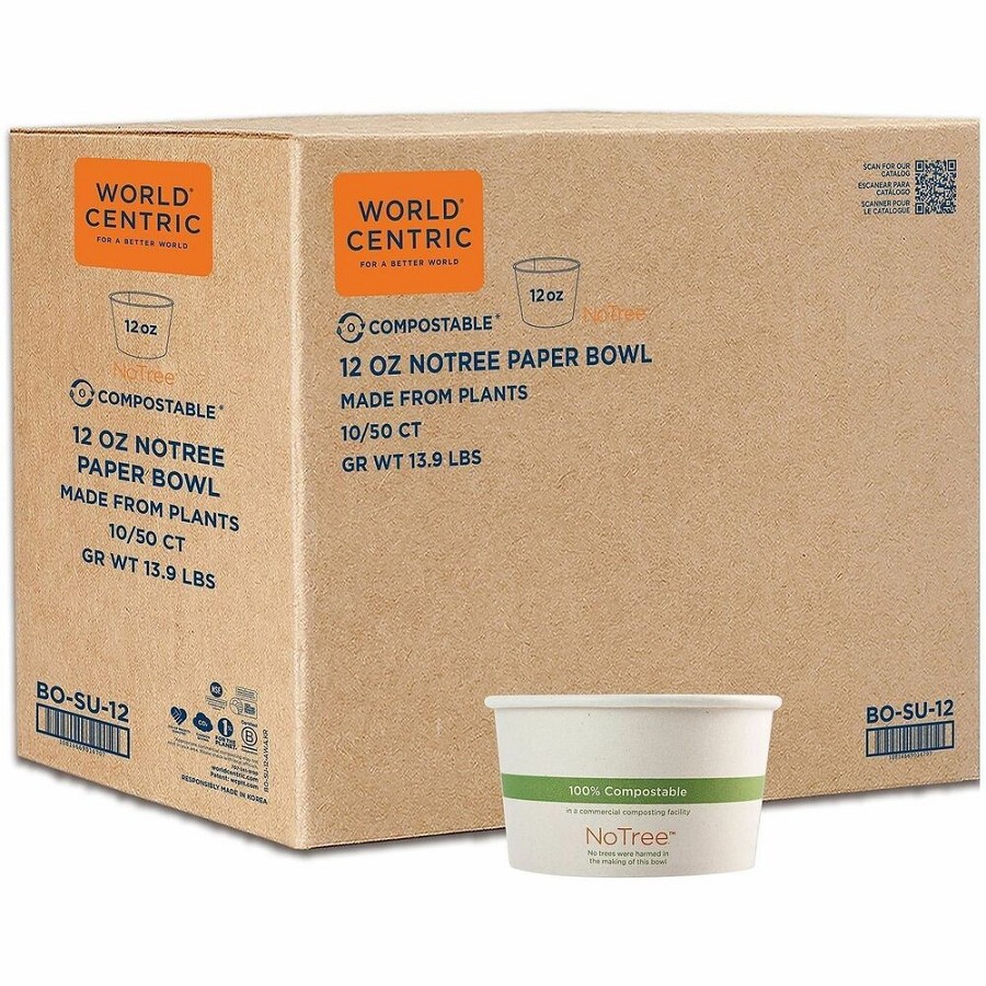 World Centric Compostable NoTree Paper Bowl - Food, Breakroom - 4.4' Diameter - Natural - Paper Body - 500 / Carton 