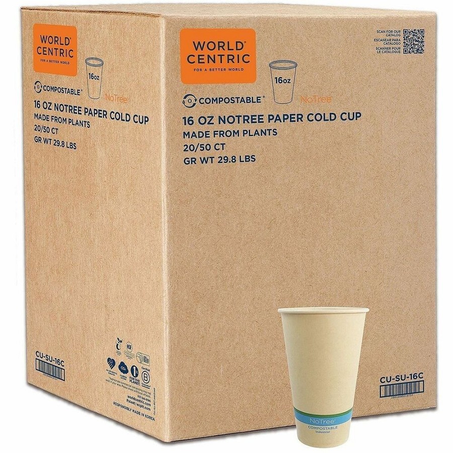 World Centric Compostable NoTree Paper Cold Cups - 16 fl oz - Beige - Paper - Cafe, Cafeteria, Restaurant, Cold Drink, Cold - 50/Pack - 20 / Carton 