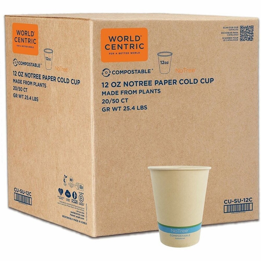 World Centric NoTree Compostable Paper Cold Cups - 12 fl oz - White - Paper - Cold, Cafe, Restaurant, Cold Drink - 50/Pack - 20 / Carton 