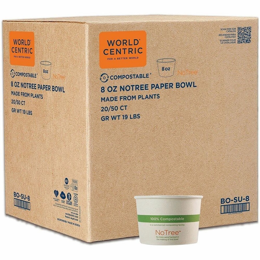 World Centric Compostable NoTree Paper Bowl - Ice Cream, Salad, Soup, Fruit - 3.4' Diameter - Natural - Paper, Sugarcane Body - 1000 / Carton 