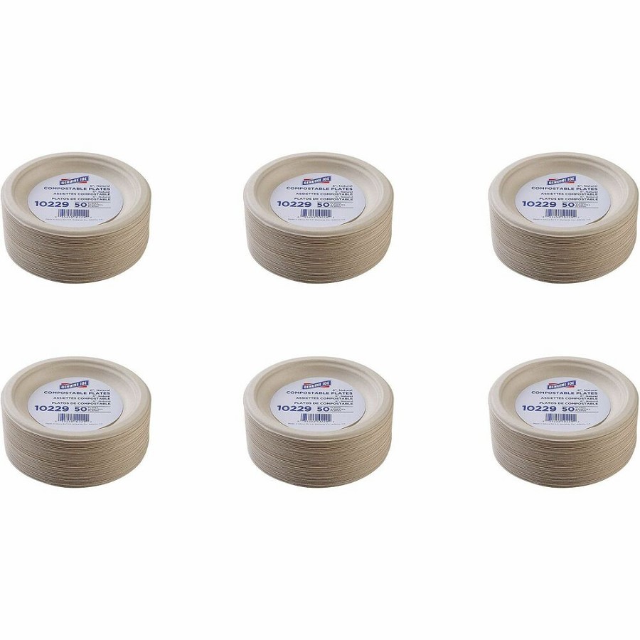 Genuine Joe 6' Compostable Plates - Breakroom, Office - Disposable - 6' Diameter - White, Natural - Sugarcane Body - 50/Pack - 20 / Carton 