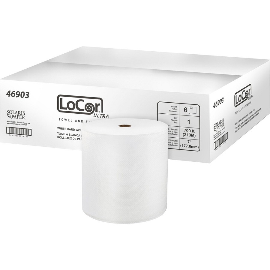 LoCor Paper Ultra Hard Wound Roll Towels - 1 Ply - 7' Width x 700 ft Length - Full Emboss Pattern - White - Virgin Fiber - 6 / Carton 
