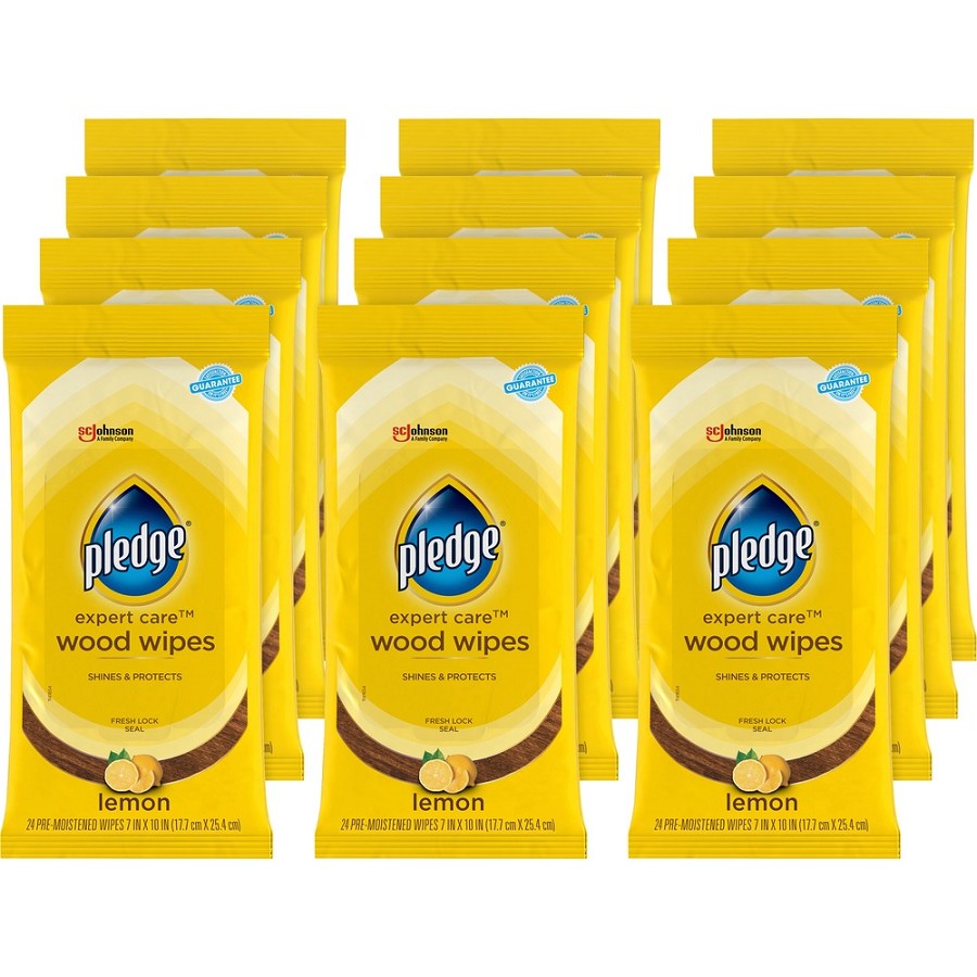 Pledge Lemon Enhancing Polish Wipes - Lemon Scent - 10' Length x 7' Width - Pre-moistened, Wax-free - Yellow - 24/Pack - 12 / Carton 