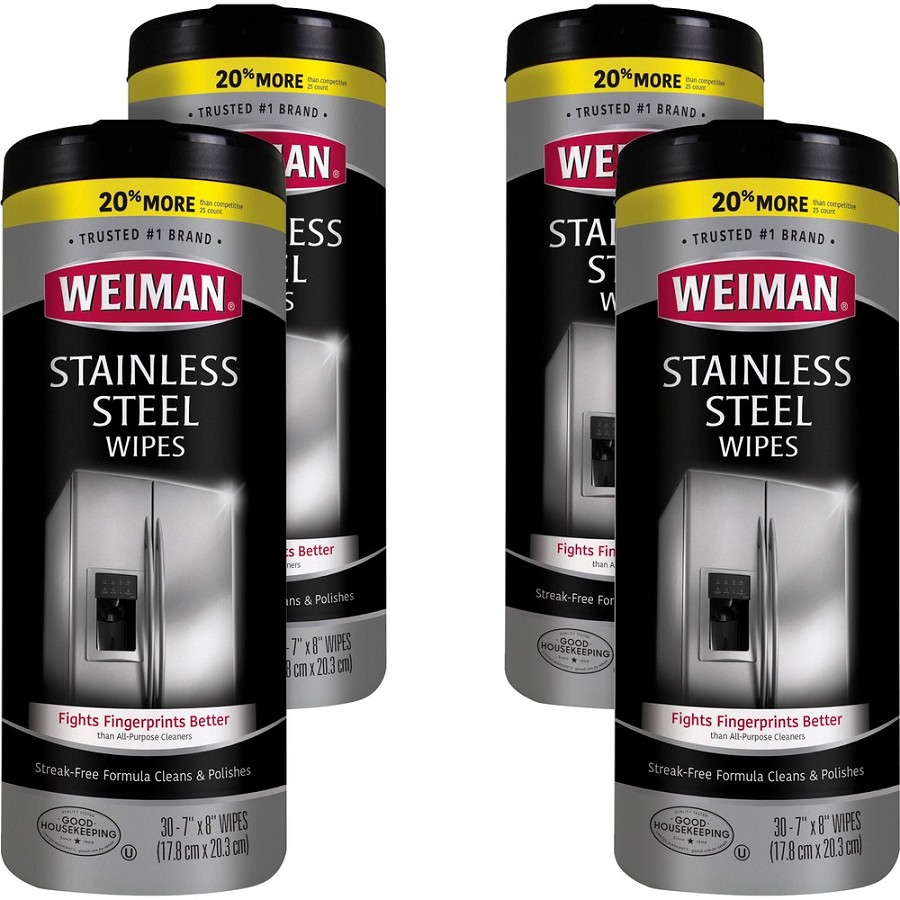 Weiman Stainless Steel Wipes - Streak-free, Fingerprint Resistant, Dust Resistant, Dirt Resistant, Pre-moistened, Grease Resistant, pH Neutral - White - 30/Tub - 4 / Carton 