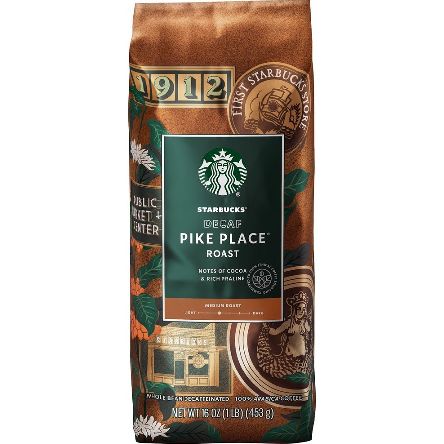 Starbucks Pike Place Decaf Whole Bean Coffee - Medium - 16 oz - Pike Place Roast - Decaffeinated - 6 / Carton 