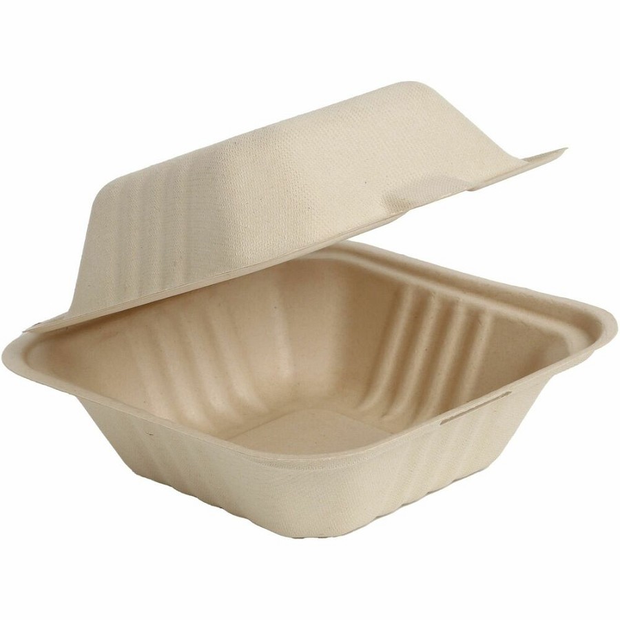 BluTable 21 oz Portable Clamshell Containers - Food Storage, Food - Natural - Molded Fiber, Sugarcane Fiber Body - 500 / Carton 
