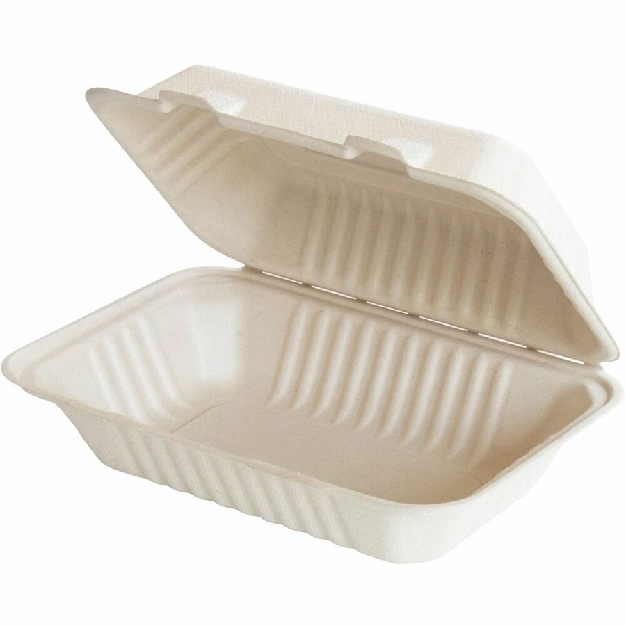 BluTable 27 oz Portable Clamshell Containers - Food - Natural - Molded Fiber, Sugarcane Fiber Body - 250 / Carton 