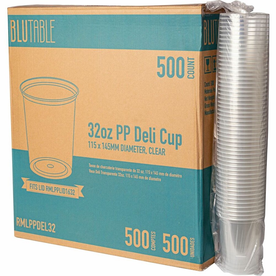 BluTable 32 oz Round Deli Tub Containers - Food, Food Storage - Microwave Safe - Clear - Round - 500 / Carton 