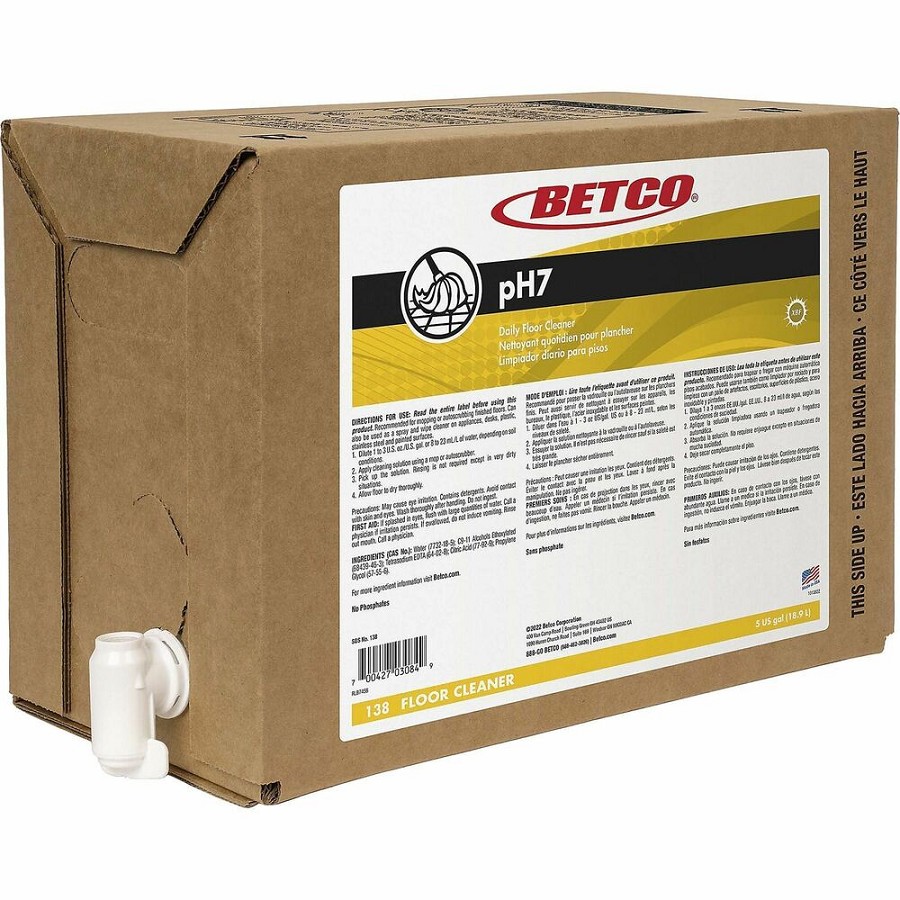 Betco pH7 Floor Cleaner - Concentrate - 640 fl oz (20 quart) - 6.5 to 8.5 pH - Lemon Scent - pH Neutral, Water Soluble, Film-free, Haze-free - Clear, Yellow Bag - 1 Each 