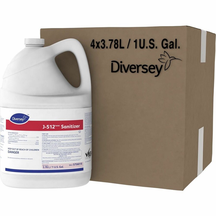 Diversey J-512 Sanitizer - For Hard Surface, Nonporous Surface, Restaurant, Bar, Institutional, Commercial Sink - Concentrate - Liquid - 128 fl oz (4 quart) - 7.9 pH - Quaternary Scent - Rinse-free, Kosher - Red - 4 / Carton 