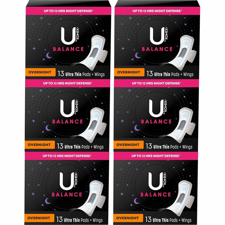 U by Kotex Ultra Thin Overnight Pads - With Wings - Absorbent, Odor-absorbing, Individually Wrapped, Anti-leak - 13/Box - 6 / Carton 