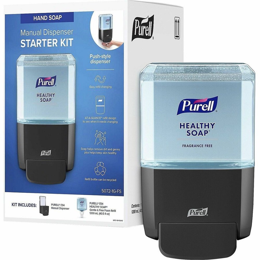 Gojo ES4 Push-Style Soap Dispenser Starter Kit - 1.27 quart Capacity - Hygienic, Dye-free, Fragrance-free, Refillable, Wall Mountable - Graphite - 1 Carton 