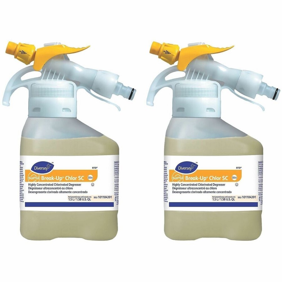 Suma Break-Up Chlor SC D3.4 - For Multipurpose, Multi Surface - Concentrate - Spray - 50.7 fl oz (1.6 quart) - 12.66 to 13.22 pH - Chlorine Scent - Kosher, Heavy Duty - Yellow - 2 / Pack 
