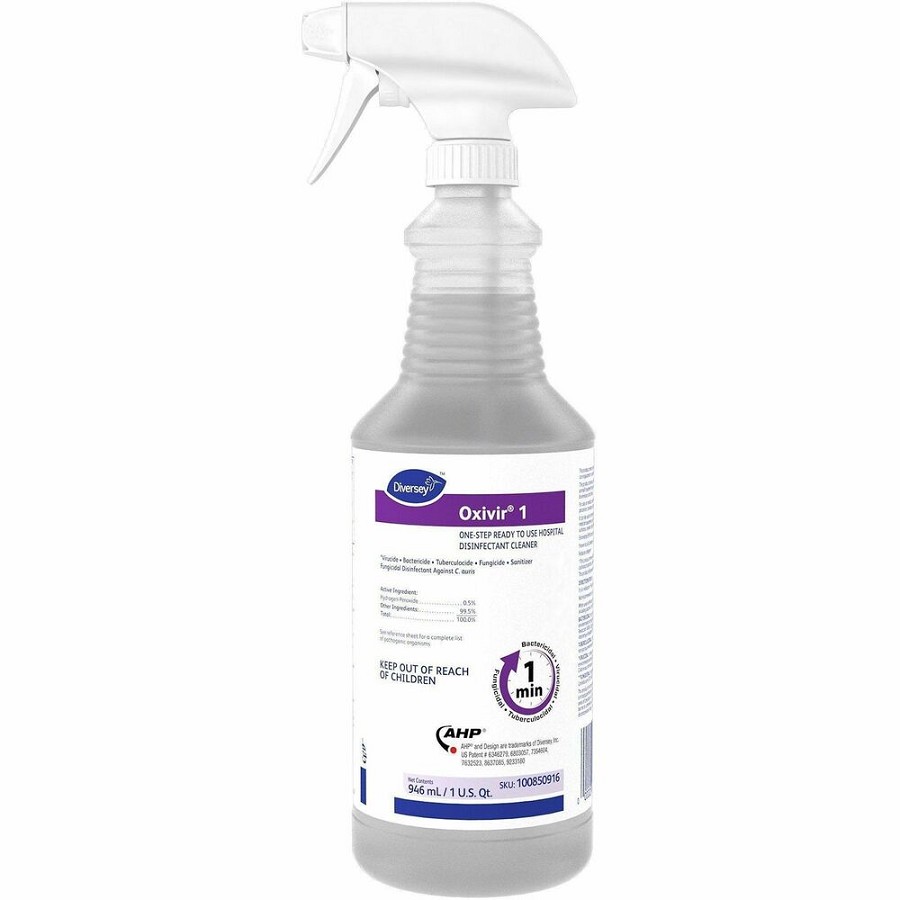 Diversey Oxivir 1 RTU Disinfectant Cleaner - Ready-To-Use - 32 fl oz (1 quart) - 2.1 pH - Characteristic Scent - Bactericide, Fungicide, Tuberculocide, VOC-free, NPE-free, Fragrance-free, Phosphate-free, Phenol-free, Deodorize - Colorless - 12 / Carton 