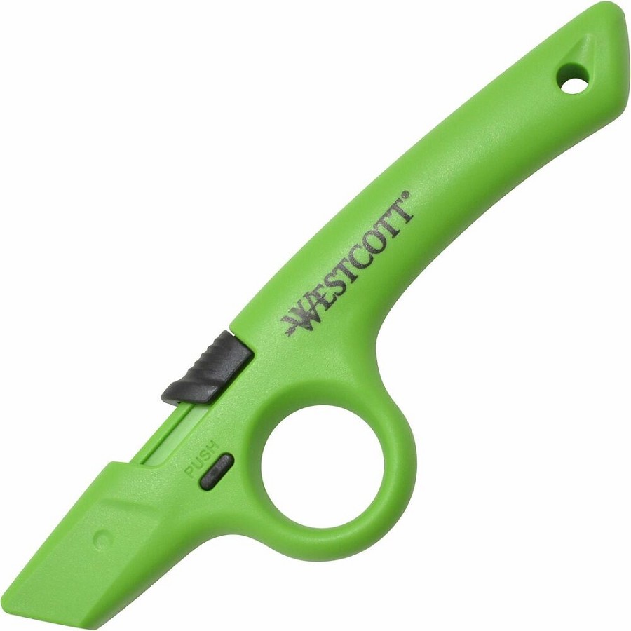 Westcott Non-Replaceable Finger Loop Safety Cutter - Ceramic Blade - Retractable, Lock Off Switch, Durable - Acrylonitrile Butadiene Styrene (ABS) - Green - 1 Each 