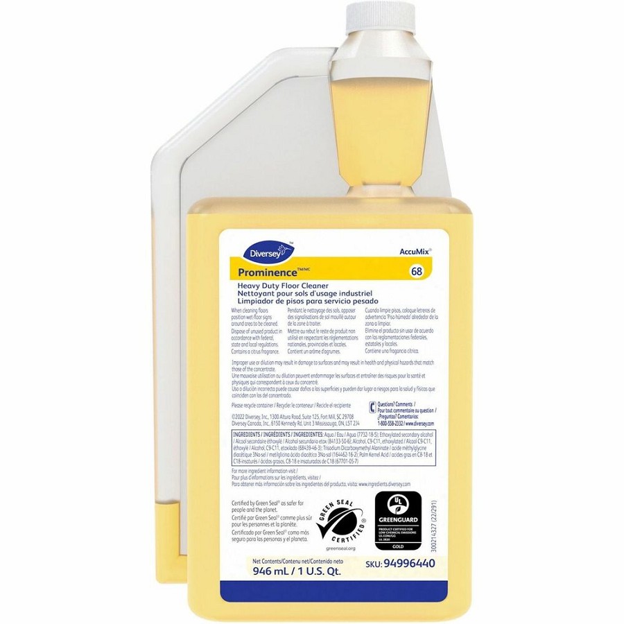 Diversey Prominence Heavy Duty Floor Cleaner - Concentrate - 32 fl oz (1 quart) - Citrus Scent - Heavy Duty, Film-free, Rinse-free, pH Neutral, Dilutable - Yellow - 1 Each 