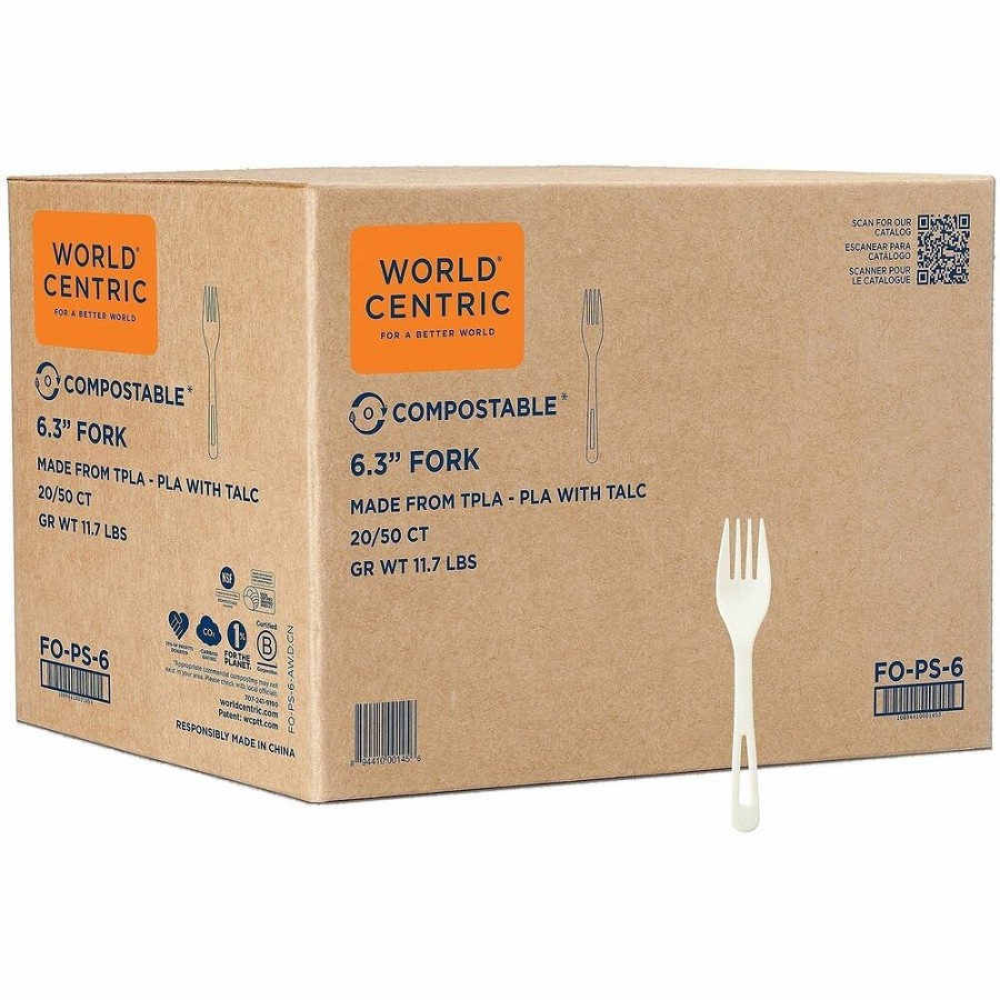 World Centric Compostable White Cutlery - Fork - Fork - Dishwasher Safe - Talc-filled Polylactic Acid (TPLA) - White - 50/Pack - 20 / Carton 