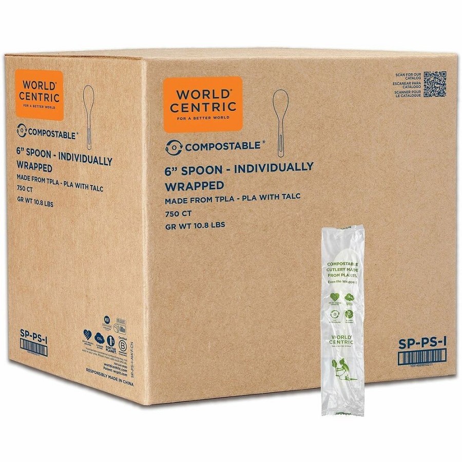 World Centric TPLA Wrapped Cutlery - Spoon - Cutlery Spoon - Dishwasher Safe - Talc-filled Polylactic Acid (TPLA) - Light Beige - 750 / Carton 