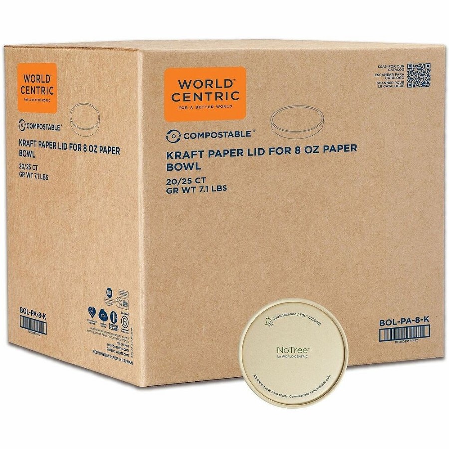World Centric NoTree Compostable Kraft Paper Lids - Round - Paper, Kraft - Natural - 500 / Carton 