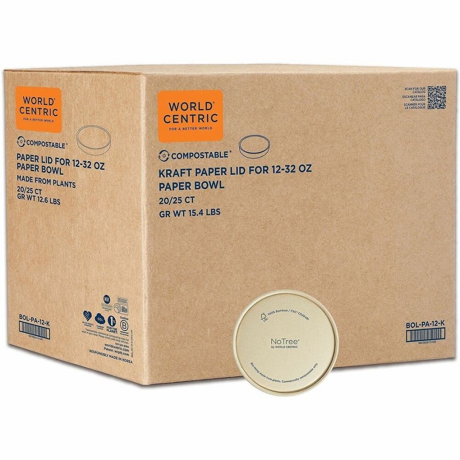 World Centric NoTree Compostable Kraft Paper Lids - Round - Paper, Kraft - Natural - 500 / Carton 