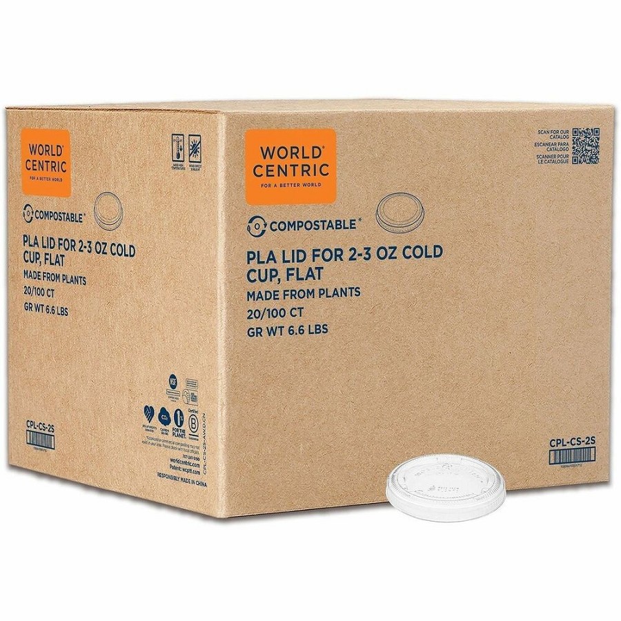 World Centric Compostable Clear Portion Cup Lids - Polylactic Acid (PLA) - Clear - 100 Lids/Pack - 20 / Carton 