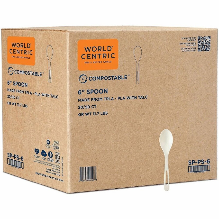 World Centric Spoon - 1000 Piece(s) - Spoon - Cutlery Spoon - Disposable - Plastic, Talc-filled Polylactic Acid (TPLA) - White - 50/Pack - 20 / Carton 