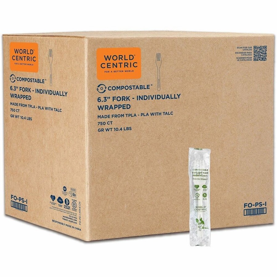 World Centric TPLA Wrapped Cutlery - Fork - Fork - Dishwasher Safe - Talc-filled Polylactic Acid (TPLA) - Light Beige - 750 / Carton 