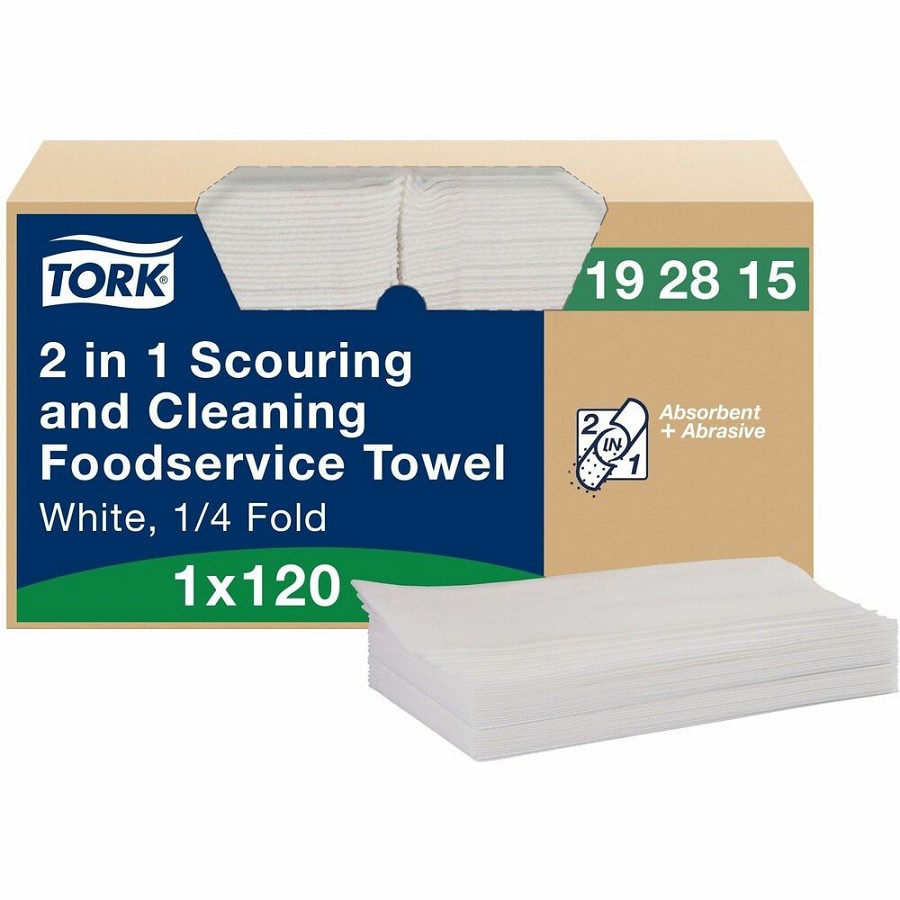 TORK 2 in 1 Scouring and Cleaning Foodservice Towel White, Absorbent, 1 x 120 Sheets - For Surface, Food Service, Countertop, House - Towel - Non-scratching, Absorbent, Abrasive, Reusable, Soft, Flexible, Easy to Use, Durable, Tear Resistant, Quarter-fold 