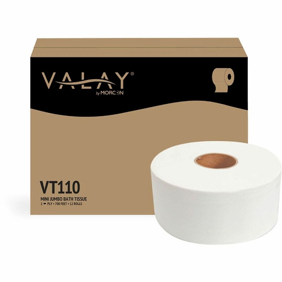 Morcon Valay 2-Ply Mini Jumbo Toilet Paper Rolls - 2 Ply - Mini Jumbo - Multifold - 9.25' Width x 9.05' Length - 750 Sheets/Roll - White - Paper - 12 / Carton 
