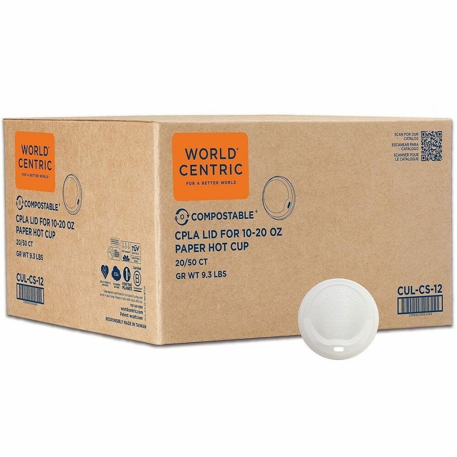 World Centric Compostable White Sip Lids - Round - Polylactic Acid (PLA), Plastic - White - 50/Pack - 20 / Carton 
