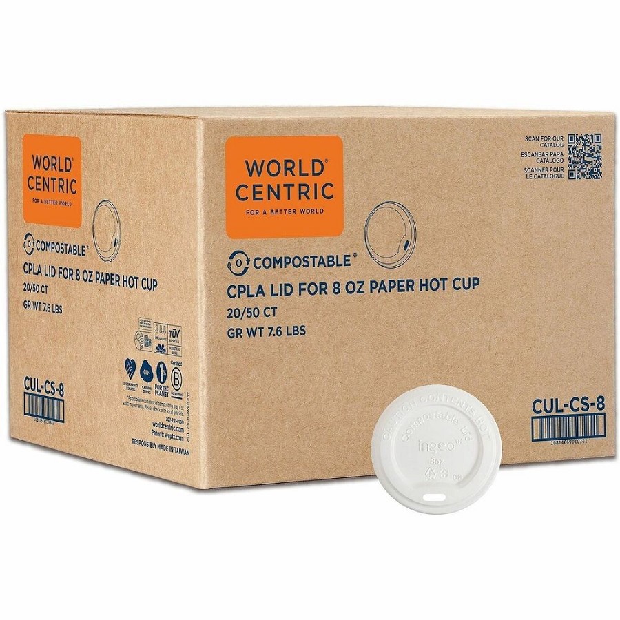World Centric 8oz Compostable Hot-Cup Sip Lids - Round - Polylactic Acid (PLA) - White - 50/Pack - 20 / Carton 