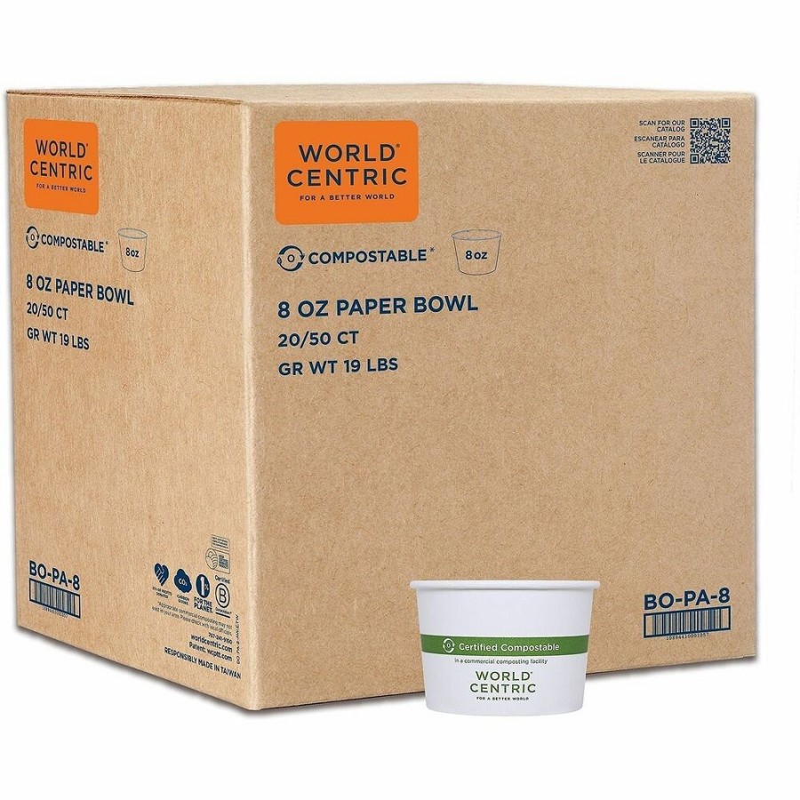 World Centric Compostable White Paper Bowls - Food, Soup, Ice Cream, Food Storage, Salad - White - Paper Body - 50/Pack - 20 / Carton 