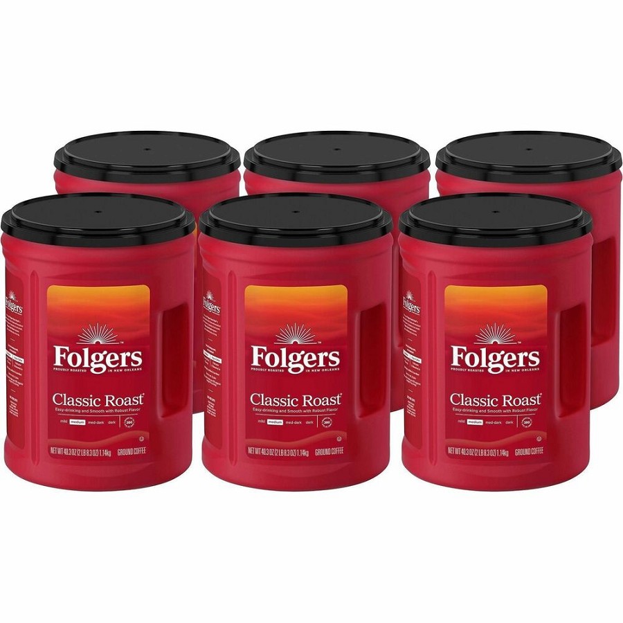 Folgers Ground Classic Roast Coffee - Medium - 40.3 oz Per Canister - Ground - Mountain Grown, Classic Roast - Kosher - 6 / Carton 