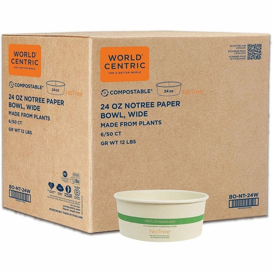 World Centric NoTree Compostable Wide Paper Bowls - Food, Soup, Salad, Ice Cream, Commercial - Disposable - Natural - Paper Body - 50/Pack - 6 / Carton 