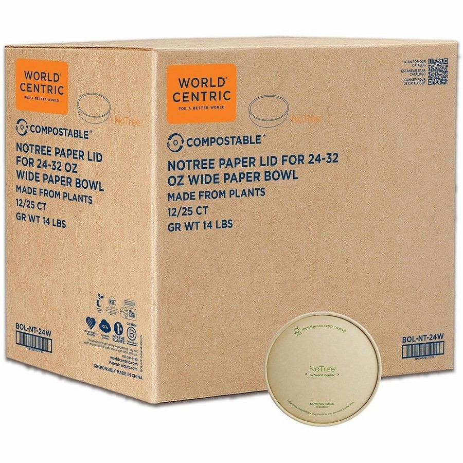 World Centric NoTree Compostable Paper Bowl Lids - Round - Paper - Natural - 25 Lids/Pack - 12 / Carton 