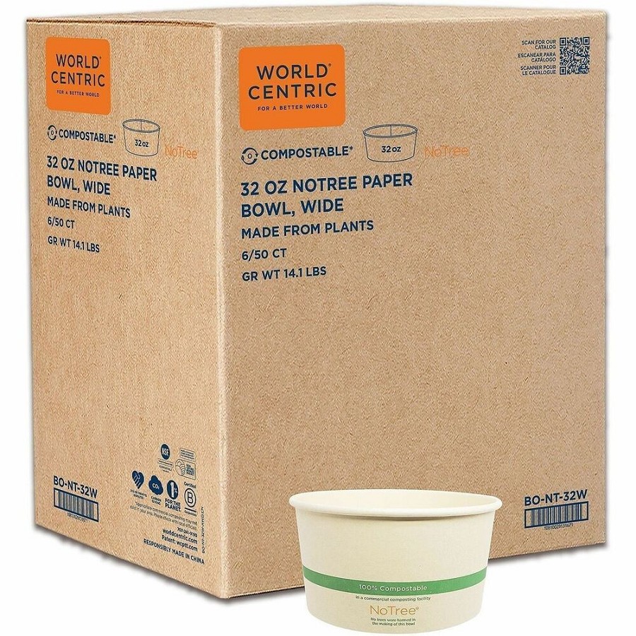 World Centric NoTree Compostable Wide Paper Bowls - Food, Soup, Salad, Ice Cream, Commercial - Disposable - Natural - Paper Body - 50/Pack - 6 / Carton 