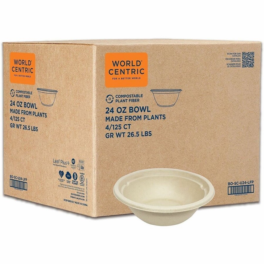 World Centric Compostable Fiber Bowl - Food, Soup, Ice Cream, Salad, Commercial - Disposable - Natural - Fiber Body - 125/Pack - 4 / Carton 