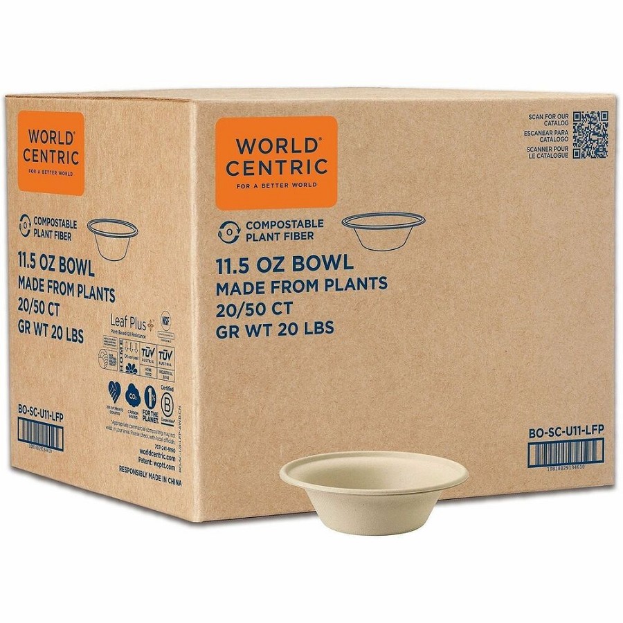 World Centric Compostable 11.5oz Fiber Bowl - Soup, Salad, Ice Cream - Disposable - Natural - Fiber, Bamboo Body - 1000 / Carton 
