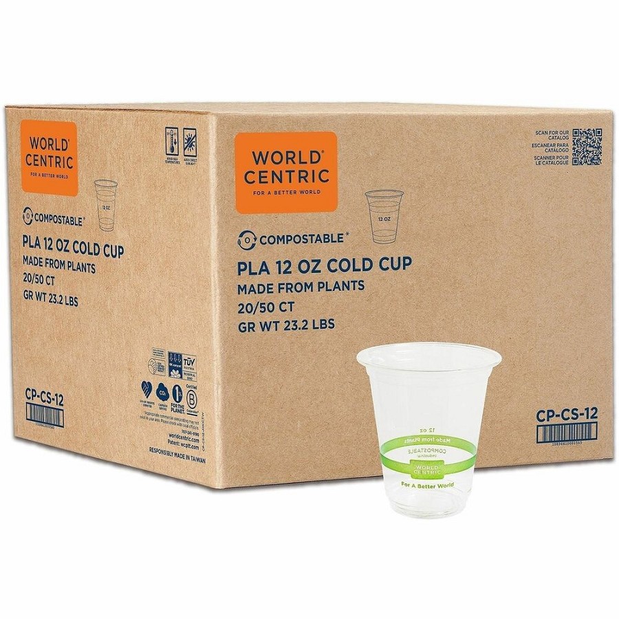 World Centric 12oz Compostable Cold Cup - 12 fl oz - Clear - Polylactic Acid (PLA) - Cold Drink, Beverage, Iced Coffee, Iced Tea, Smoothie, Water - 1000 / Carton 
