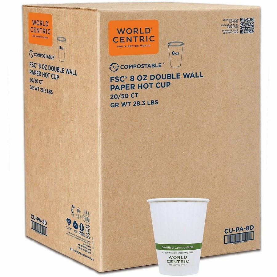 World Centric Compostable Double-Wall Paper Hot Cups - 8 fl oz - White - Paper - Cafe, Hot Drink, Tea, Coffee, Hot Chocolate - 50/Pack - 20 / Carton 