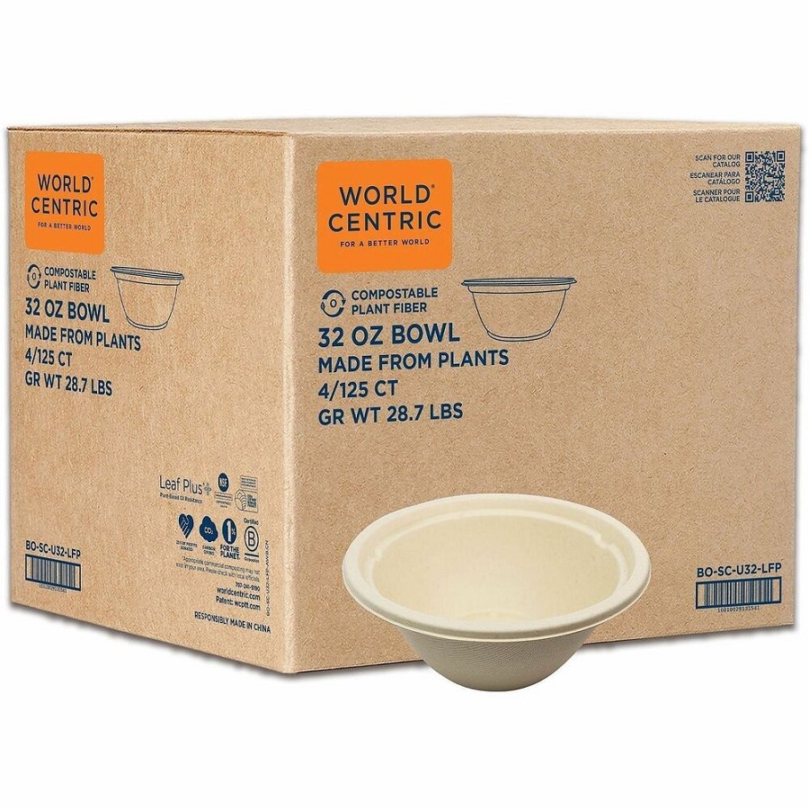 World Centric Compostable Fiber Bowls - Food, Soup, Ice Cream, Salad, Commercial - Disposable - Natural - Fiber, Bamboo Body - 125/Pack - 4 / Carton 
