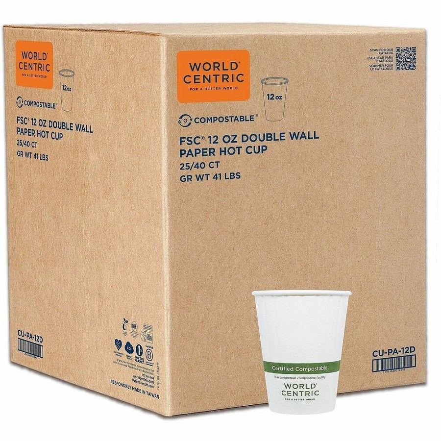 World Centric Double Wall Paper Hot Cups - 12 fl oz - Leak Proof Closure - White - Paper - Hot Drink, Coffee, Tea - 40 Cups/Pack - 25 / Carton 