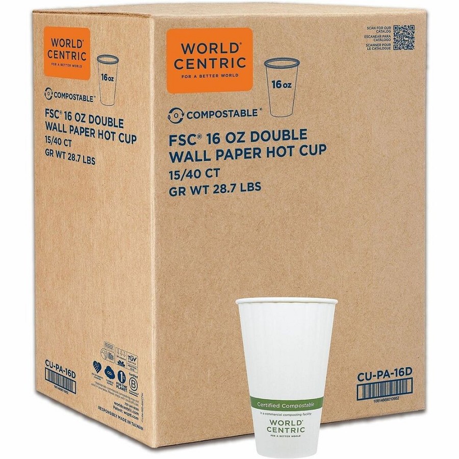 World Centric Compostable Double-Wall Paper Hot Cups - 16 fl oz - Leak Proof Closure - White - Paper - Hot Drink, Coffee, Tea, Coffee Shop, Cafe, Cold - 40/Pack - 15 / Carton 