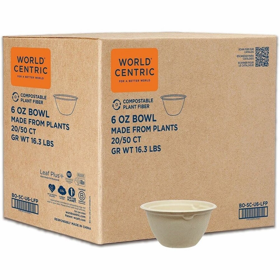 World Centric Compostable Fiber Bowls - Food, Soup, Ice Cream, Salad, Commercial - Disposable - Natural - Fiber, Bamboo Body - 50/Pack - 20 / Carton 