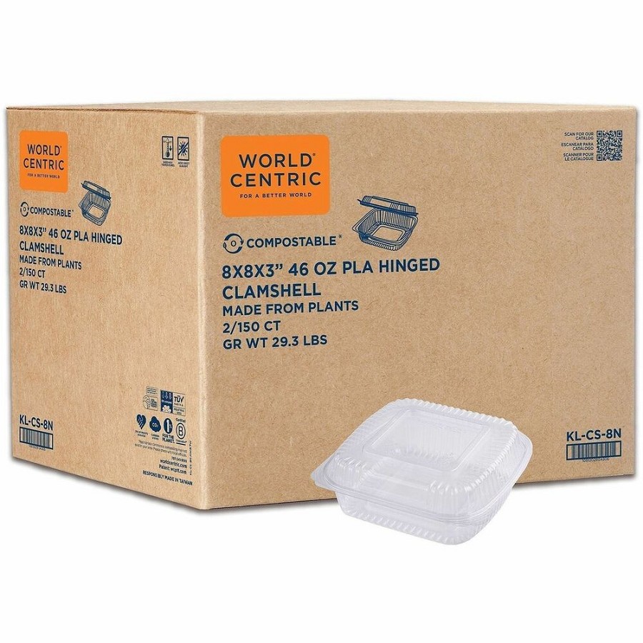 World Centric Compostable Clear Hinged Container - Food, Food Storage - Clear - Paper, Polylactic Acid (PLA) Body - 300 / Carton 