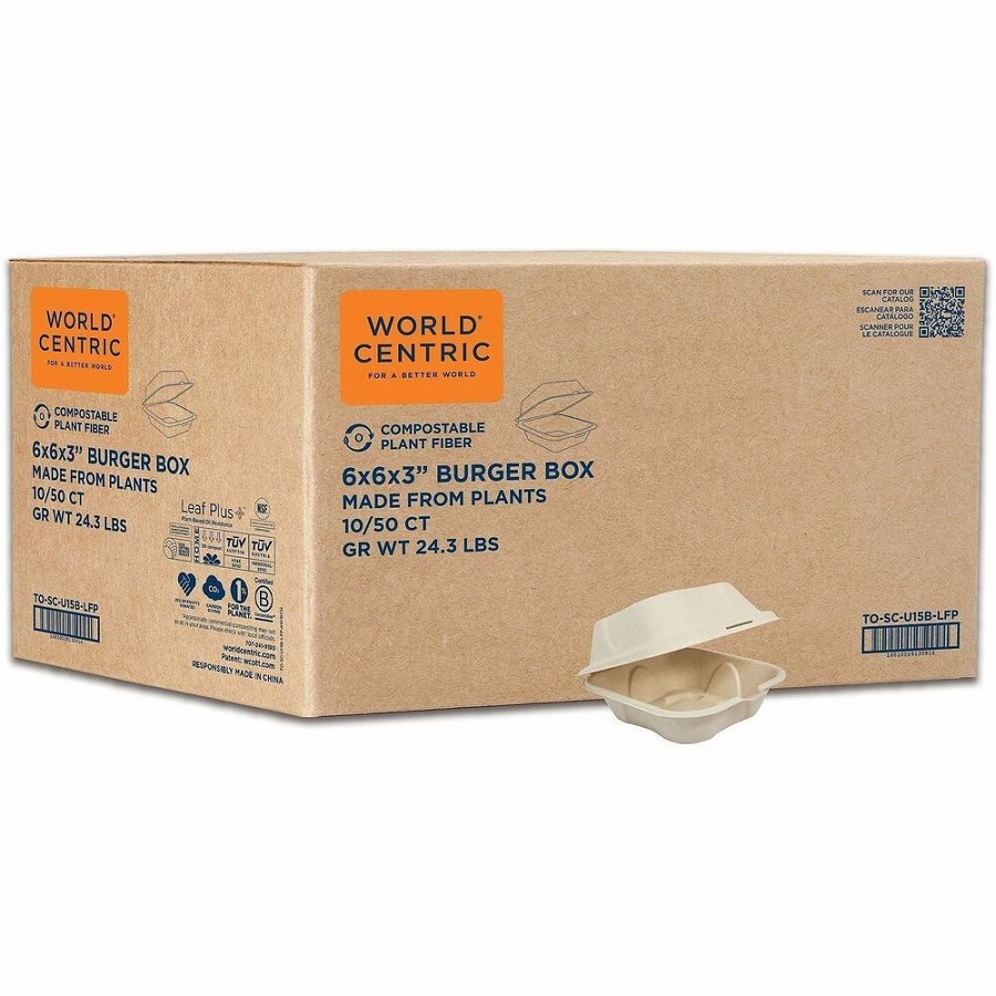 World Centric Compostable Fiber Hinged Containers - Food Storage, Food, Commercial - Natural - Fiber Body - 50/Pack - 10 / Carton 