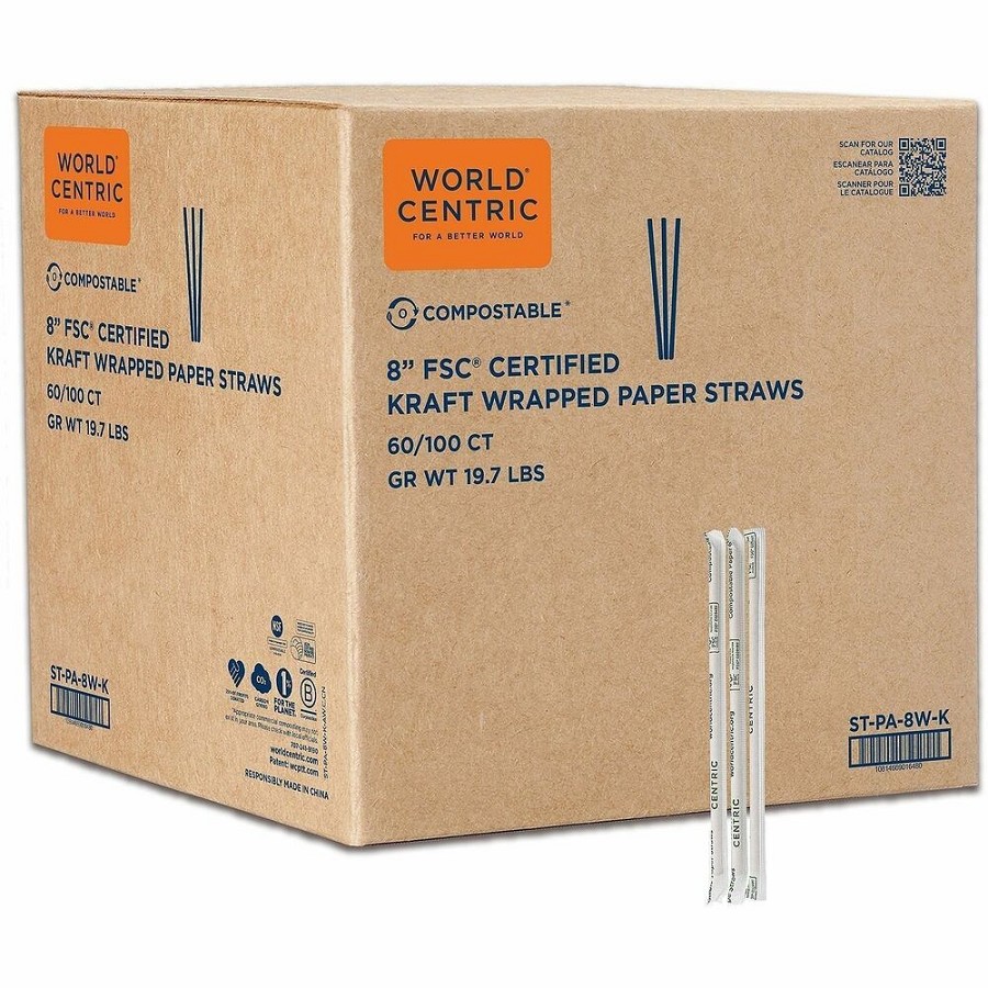 World Centric Compostable Kraft Paper Straws - 8' Length x 0.2' Width x 0.2' Height - Kraft Paper - Natural - 100/Pack - 60 / Carton 