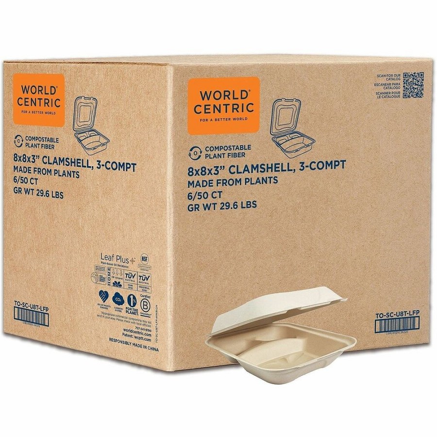World Centric Compostable Fiber Hinged Container - Food, Food Storage - Natural - Fiber Body - 300 / Carton 