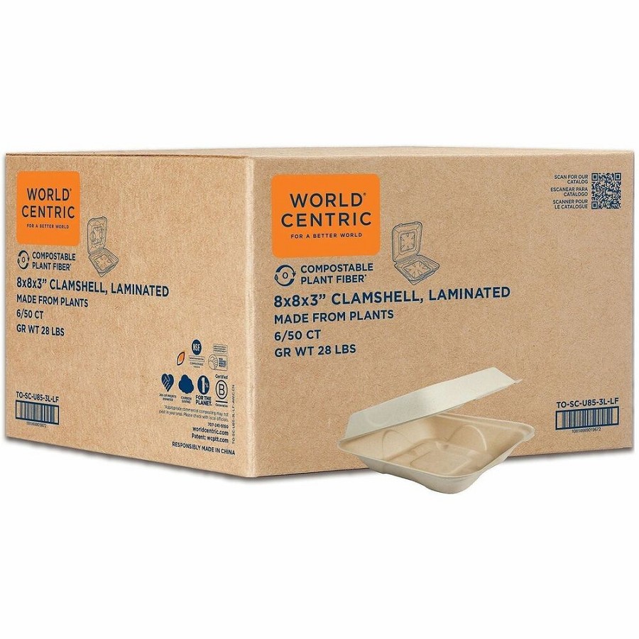 World Centric Compostable Fiber Hinged Container - Food, Food Storage - Natural - Fiber Body - 300 / Carton 